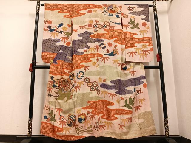 平和屋本店●アンティーク　大正ロマン　小振袖　二尺袖　駒刺繍　松竹梅宝尽くし　金銀彩　正絹　逸品　AABI0466ph