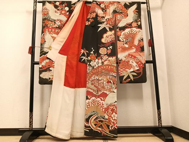 平和屋本店●アンティーク　大正ロマン　振袖　駒刺繍　松竹梅群れ鶴御所車文　黒地　金彩　正絹　逸品　AABI0467ph_1