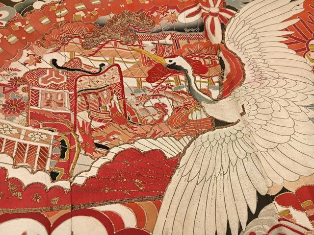 平和屋本店●アンティーク　大正ロマン　振袖　駒刺繍　松竹梅群れ鶴御所車文　黒地　金彩　正絹　逸品　AABI0467ph_3