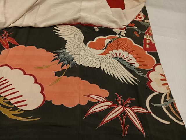 平和屋本店●アンティーク　大正ロマン　振袖　駒刺繍　松竹梅群れ鶴御所車文　黒地　金彩　正絹　逸品　AABI0467ph_6