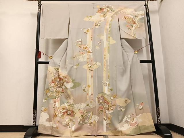 平和屋着物●訪問着　友禅　駒刺繍　扇面花文　暈し染め　金彩　正絹　逸品　未使用　AABI0567ph