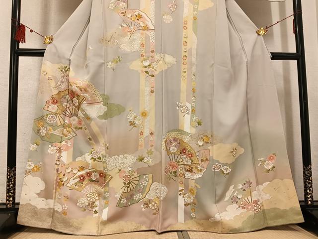 平和屋着物●訪問着　友禅　駒刺繍　扇面花文　暈し染め　金彩　正絹　逸品　未使用　AABI0567ph_2