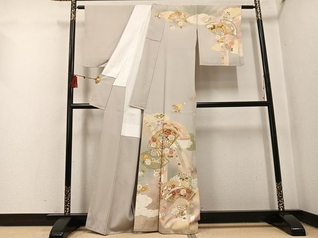 平和屋着物●訪問着　友禅　駒刺繍　扇面花文　暈し染め　金彩　正絹　逸品　未使用　AABI0567ph_1
