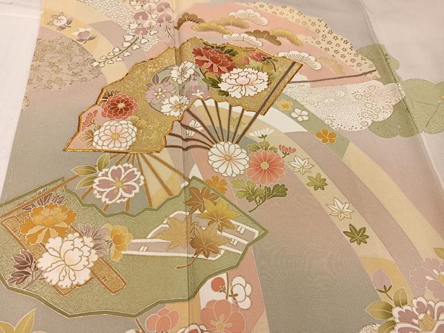 平和屋着物●訪問着　友禅　駒刺繍　扇面花文　暈し染め　金彩　正絹　逸品　未使用　AABI0567ph_3