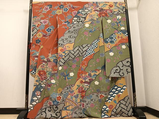 平和屋着物●豪華振袖　紅型　花鳥文　正絹　逸品　AABI0591ph