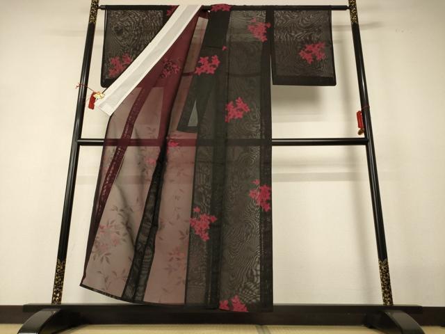 平和屋着物＊夏物　小紋　紗　草花文　正絹　逸品　AABI0682jd_1