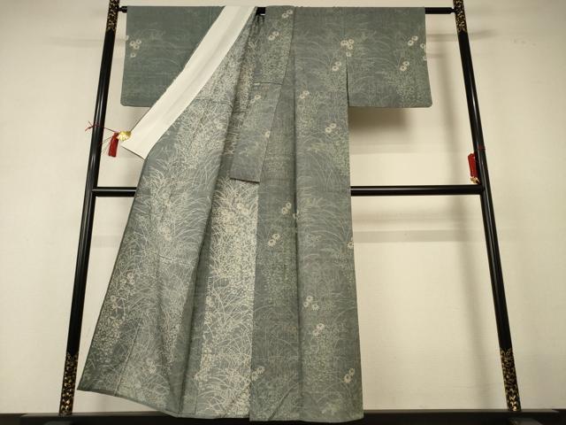 平和屋着物＊夏物　訪問着　生紬　手描き　草花文　正絹　逸品　AABI0734jd_2