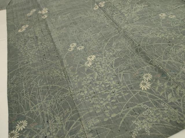 平和屋着物＊夏物　訪問着　生紬　手描き　草花文　正絹　逸品　AABI0734jd_3