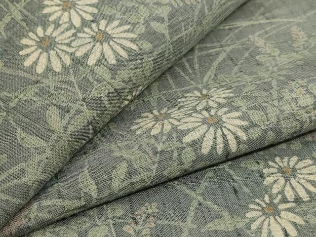 平和屋着物＊夏物　訪問着　生紬　手描き　草花文　正絹　逸品　AABI0734jd