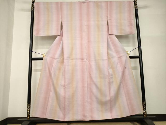 平和屋着物●紅花紬　米沢　新田英行　新田間道　紅花紬　間道　暈し染め　正絹　逸品　AABI0764ck_1