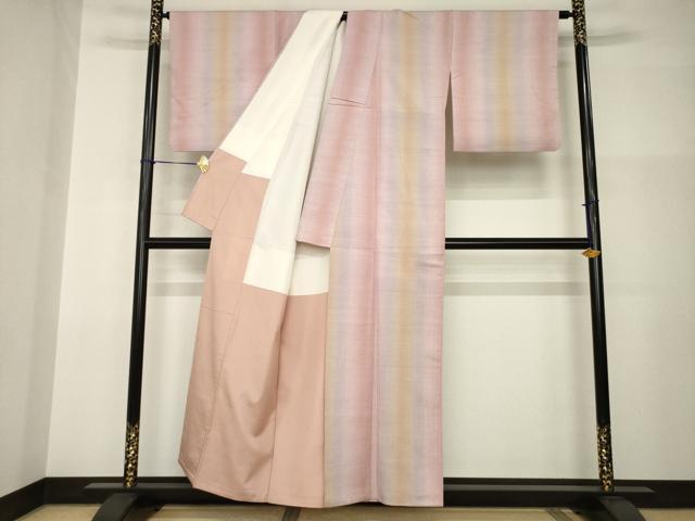 平和屋着物●紅花紬　米沢　新田英行　新田間道　紅花紬　間道　暈し染め　正絹　逸品　AABI0764ck_2