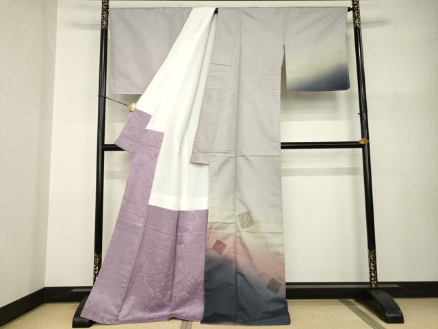 平和屋着物●訪問着　引箔大島　色紙重ね文　暈し染め　金糸　ロング丈　正絹　逸品　未使用　AABI0766ck_1