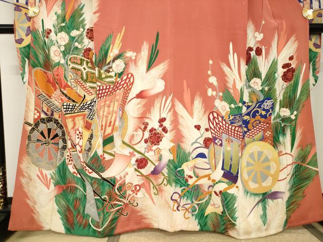 平和屋本店●アンティーク　大正ロマン　振袖　駒刺繍　御所車花文　金彩　正絹　逸品　AABI0783ck_2