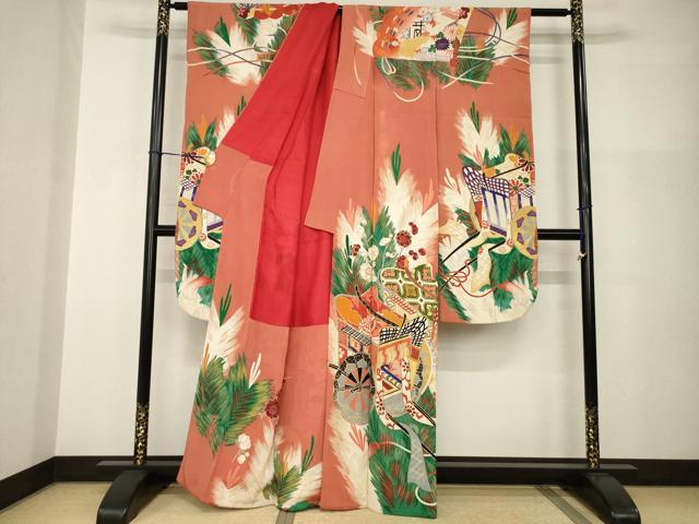 平和屋本店●アンティーク　大正ロマン　振袖　駒刺繍　御所車花文　金彩　正絹　逸品　AABI0783ck_1