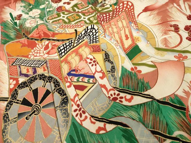 平和屋本店●アンティーク　大正ロマン　振袖　駒刺繍　御所車花文　金彩　正絹　逸品　AABI0783ck_4