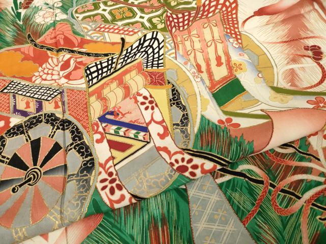 平和屋本店●アンティーク　大正ロマン　振袖　駒刺繍　御所車花文　金彩　正絹　逸品　AABI0783ck_5