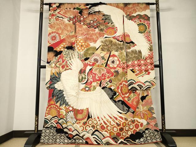 平和屋本店●アンティーク 大正ロマン 振袖 駒刺繍 飛鶴吉祥文 黒地 金彩 正絹 逸品 AABI0790ck