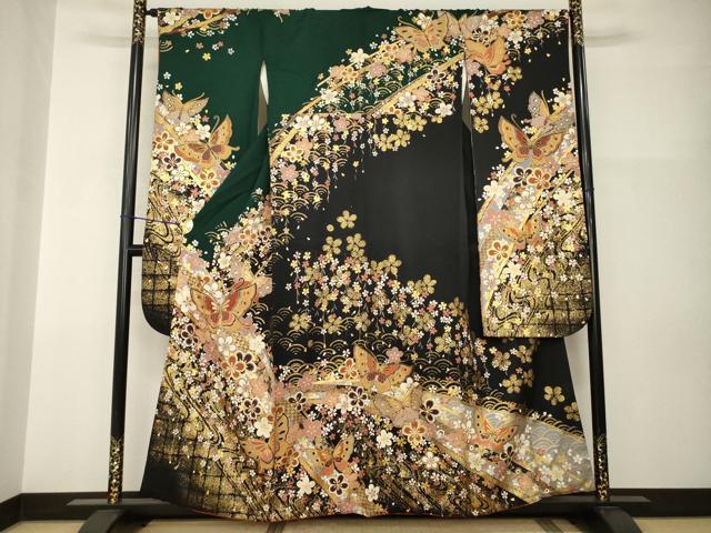 平和屋着物●豪華振袖　刺繍　流水花蝶文　黒地　金彩　正絹　逸品　AABI0826ck