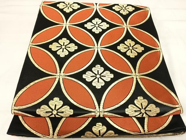 平和屋着物◎六通柄袋帯 唐織 七宝花文 黒地 金糸 正絹 逸品