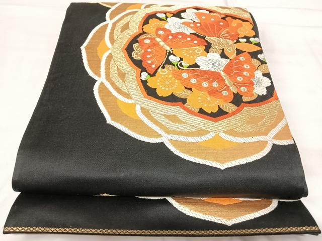 平和屋着物◎六通柄袋帯 唐織 花蝶文 黒地 金銀糸 正絹 逸品 