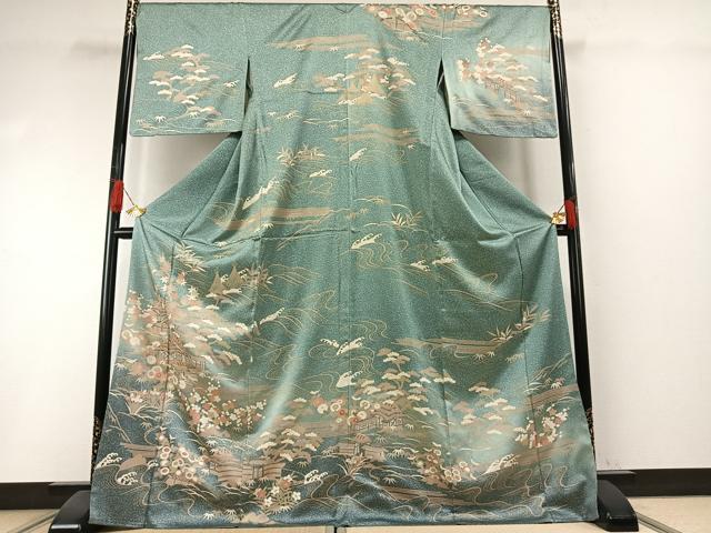 平和屋着物●訪問着　駒刺繍　松竹梅　風景文　暈し染め　金彩　西武百貨店扱い　ロング丈　正絹　逸品　AABI1247fy