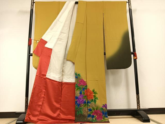 平和屋着物●豪華振袖　枝花文　暈し染め　金彩　ロング丈　正絹　逸品　AABI1248fy_1