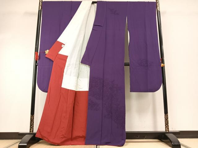 平和屋着物●中国三大刺繍　汕頭刺繍　スワトウ刺繍　総刺繍　振袖　花鳥文　葡萄色　正絹　逸品　AABI1259fy_1