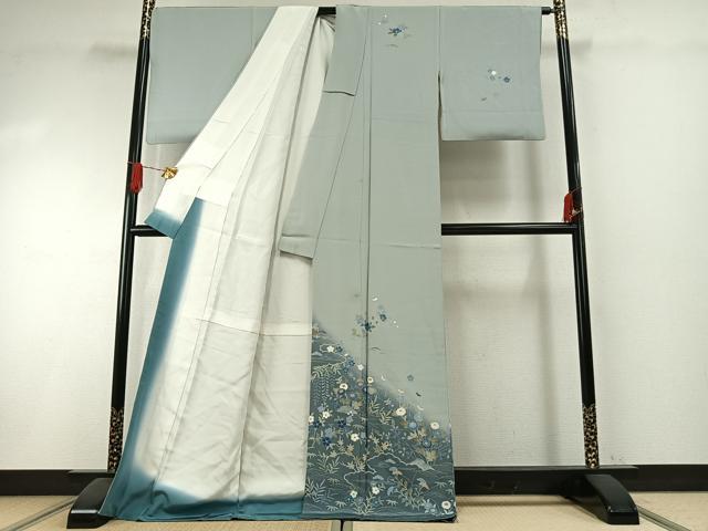 平和屋着物●訪問着　友禅　作家物　草花文　暈し染め　ロング丈　正絹　逸品　AABI1290fy_1