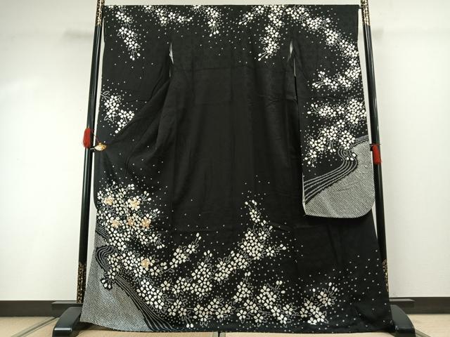平和屋着物●豪華振袖　駒刺繍　絞り　舞花文　黒地　正絹　逸品　AABI1397fy