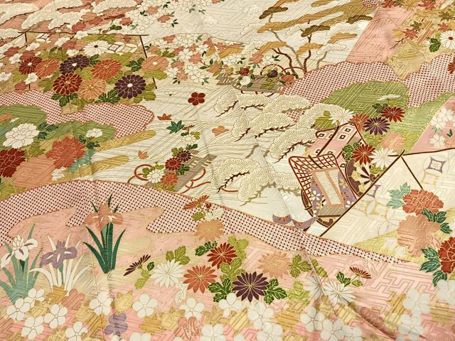 平和屋着物●豪華振袖　駒刺繍　御所車花文　金彩　正絹　逸品　AABI1416fy_3