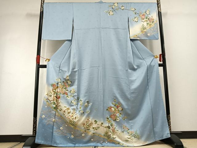 平和屋着物●訪問着　駒刺繍　扇面花文　暈し染め　金銀彩　さが美扱い　正絹　逸品　AABI1503fy