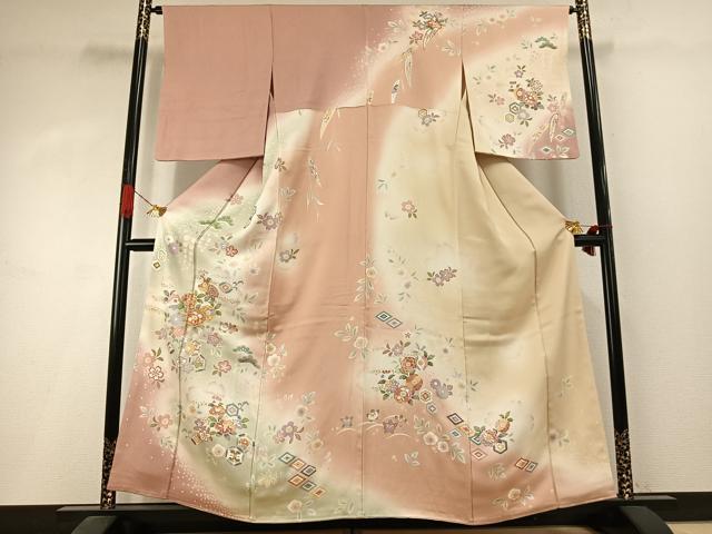 平和屋着物●訪問着　駒刺繍　草花文　暈し染め　金彩　三越扱い　正絹　逸品　AABI1696fy
