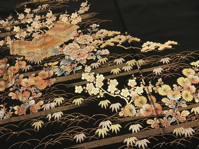 平和屋着物●金彩友禅　卓越技能者・名工・和田光正　黒留袖　松竹梅　風景花文　金銀彩　仮絵羽　正絹　逸品　未使用　AABI1711fy_3