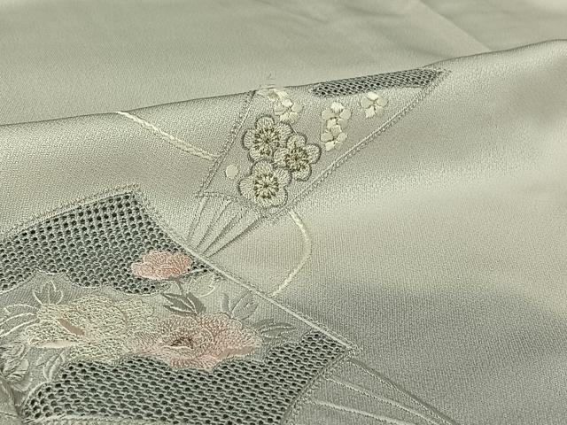 平和屋着物▽訪問着　単衣　中国三大刺繍　汕頭刺繍　スワトウ刺繍　総刺繍　扇面花文　暈し染め　銀糸　正絹　逸品　AABI2151jh_5