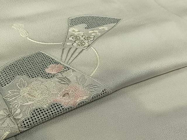 平和屋着物▽訪問着　単衣　中国三大刺繍　汕頭刺繍　スワトウ刺繍　総刺繍　扇面花文　暈し染め　銀糸　正絹　逸品　AABI2151jh_4