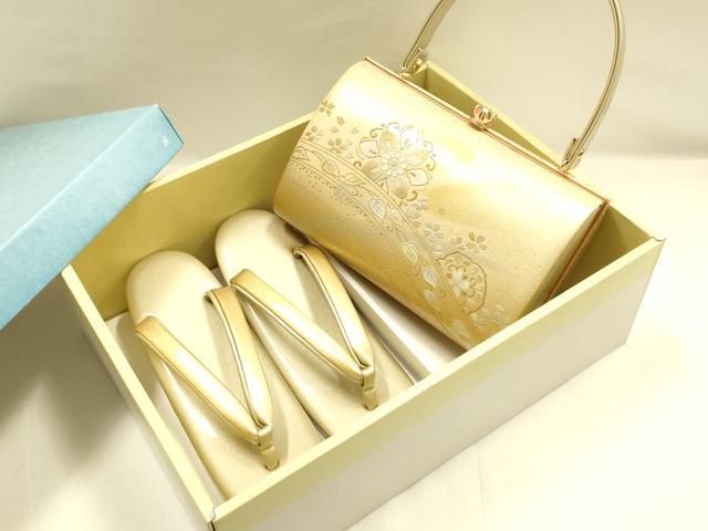 平和屋着物●和装小物　和装バッグ・草履セット　ハンドバッグ　エナメル　花柄　金銀彩　逸品　AABI2316ay