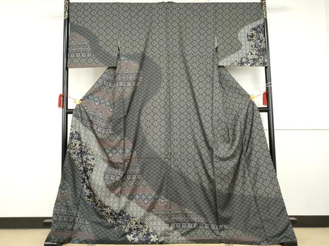 平和屋着物●本場大島紬　染大島　訪問着　吉祥花文　黒地　ロング丈　正絹　逸品　AABI2531cs