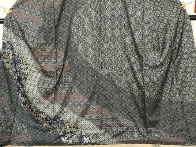 平和屋着物●本場大島紬　染大島　訪問着　吉祥花文　黒地　ロング丈　正絹　逸品　AABI2531cs_2