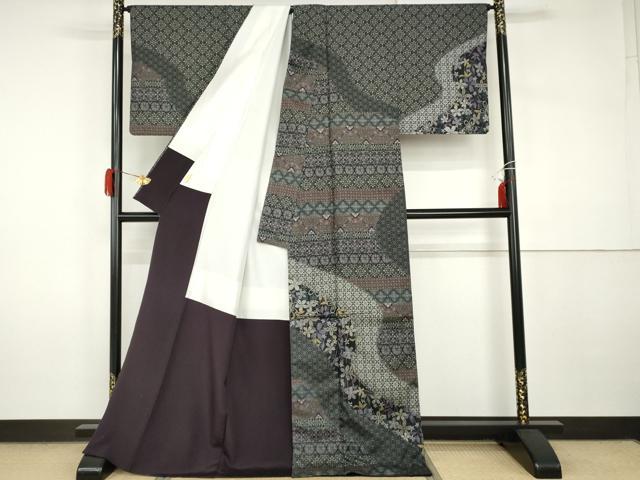 平和屋着物●本場大島紬　染大島　訪問着　吉祥花文　黒地　ロング丈　正絹　逸品　AABI2531cs_1