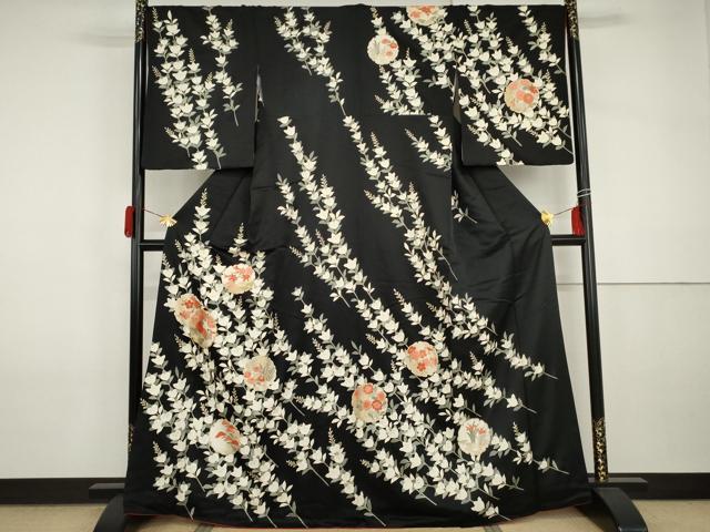 平和屋着物●訪問着　雪輪枝花文　黒地　金彩　やまと誂製　正絹　逸品　AABI2549cs