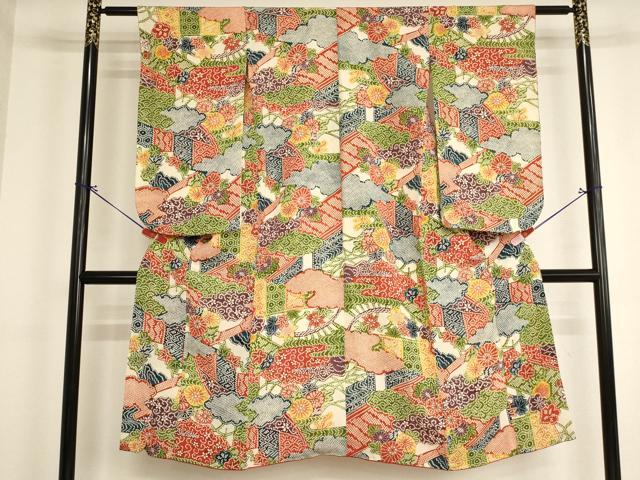 平和屋着物[]七五三　女の子　７歳　祝着　四つ身　割付花文　鬼しぼ縮緬　逸品　AABI2855ja