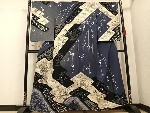 平和屋着物●訪問着　友禅　風景草花文　金彩　銀通し地　正絹　逸品　AABI2974ph