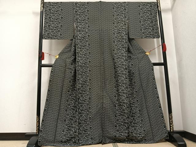 平和屋着物●お召　立波間道　千鳥　黒地　正絹　逸品　AABI2981ph_1