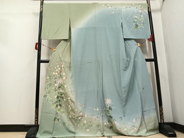 平和屋着物●訪問着　友禅　作家物　枝花文　暈し染め　ロング丈　正絹　逸品　AABI3100ph