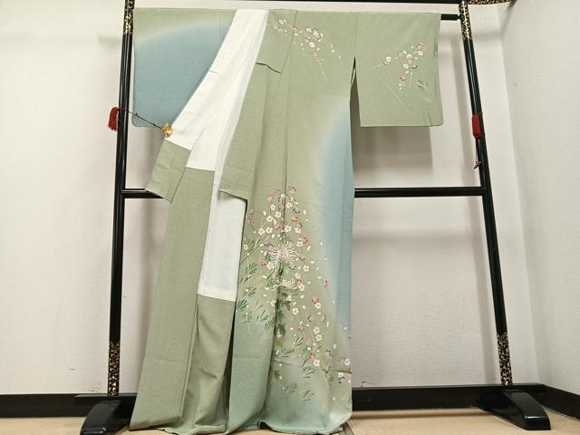 平和屋着物●訪問着　友禅　作家物　枝花文　暈し染め　ロング丈　正絹　逸品　AABI3100ph_1