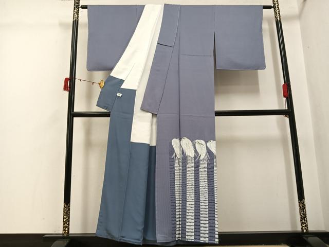 平和屋着物●東京友禅　菅有鬼一　訪問着　手描き　白鷺　金彩　正絹　逸品　未使用　AABI3117ph_1