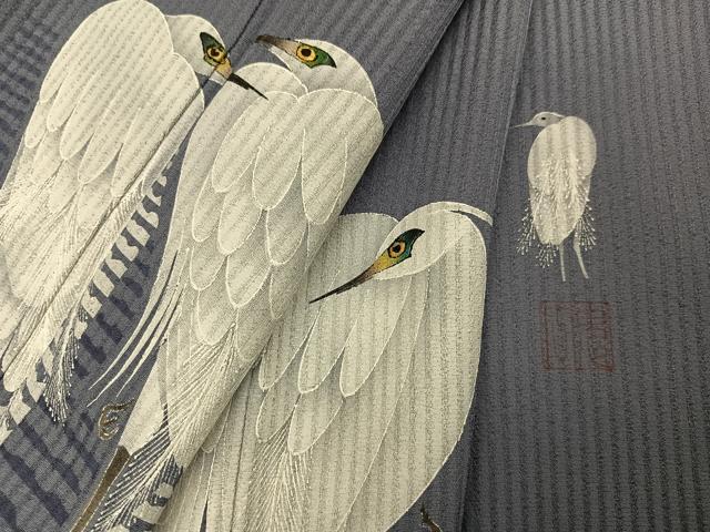 平和屋着物●東京友禅　菅有鬼一　訪問着　手描き　白鷺　金彩　正絹　逸品　未使用　AABI3117ph_8