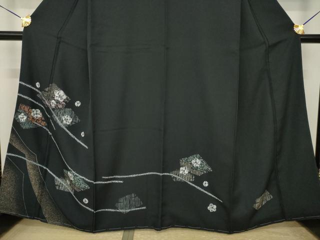 平和屋着物●訪問着　絞り　舞花文　黒地　金彩　正絹　逸品　未使用　AABI4504ck_2