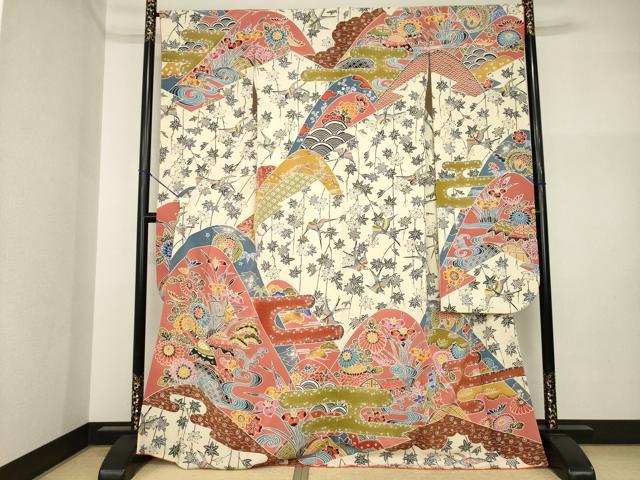 平和屋着物●豪華振袖　遠山花文　紅型　正絹　逸品　AABI4550ck
