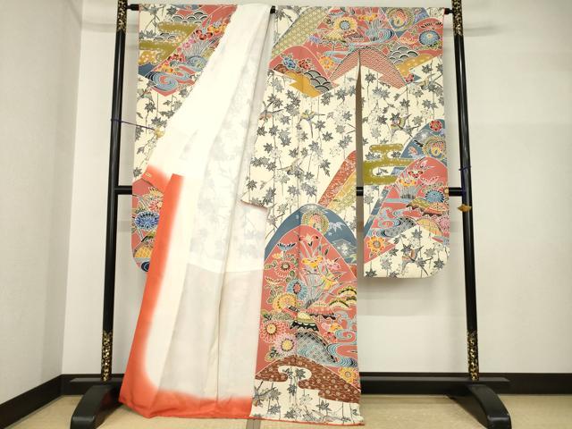平和屋着物●豪華振袖　遠山花文　紅型　正絹　逸品　AABI4550ck_1